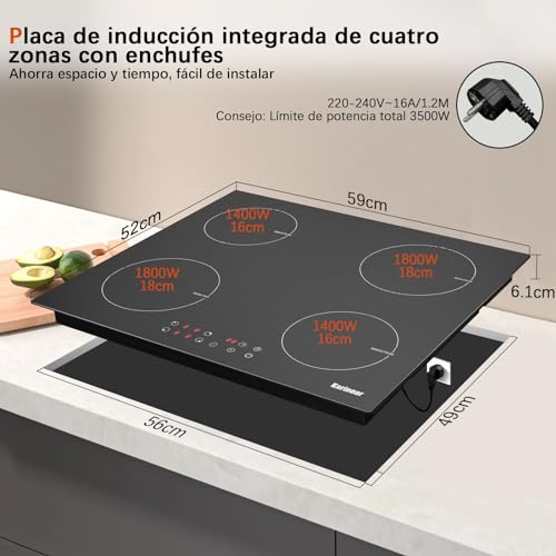 Karinear Piano Cottura a Induzione Elettrico, 60cm Piastra con 4 fuochi, Piani Cottura a Spina 3500W con 9 Power Comandi Toccare, Blocco di Sicurezza per Bambini, Timer Lock, Vetro, Nero : Amazon.it: Grandi elettrodomestici